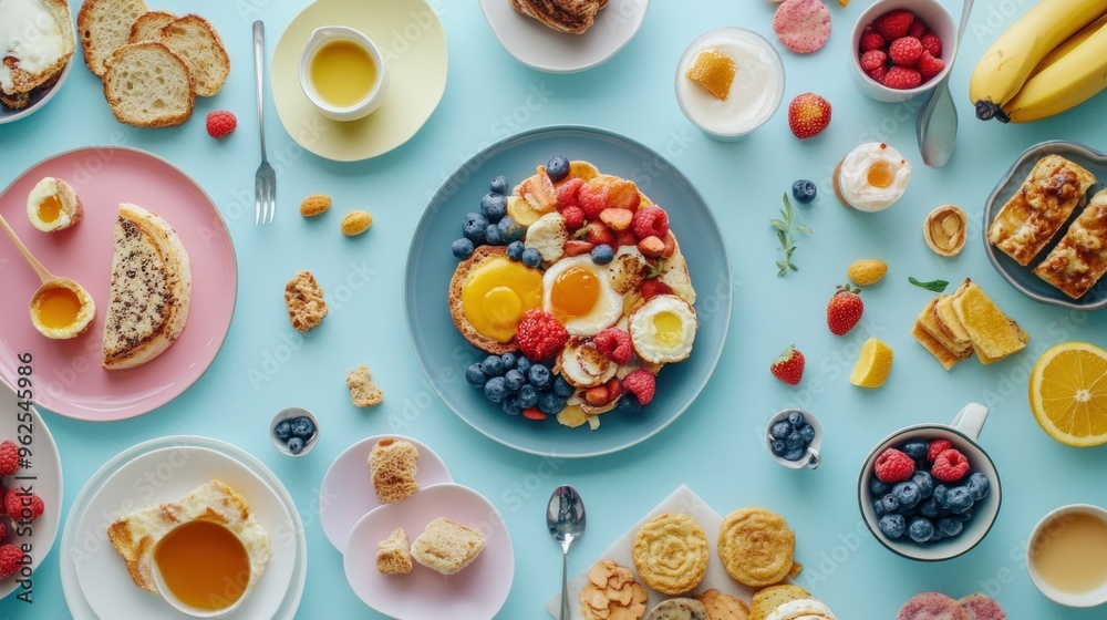 A Colorful Breakfast Spread with Eggs, Fruits, and Baked Goods A Colorful Breakfast Spread with Eggs, Fruits, and Baked Goods