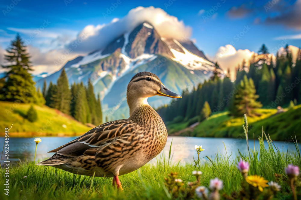 Duck Standing by a Lake with a Mountainous Background Duck Standing by a Lake with a Mountainous Background