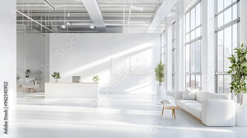 3D white office space with clean walls, minimalist furniture, and large windows flooding the room with natural light photo