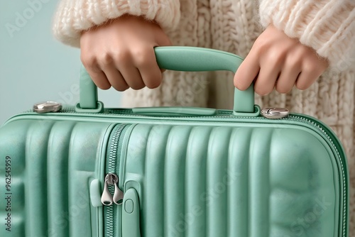 Green travel bag suitcase held by womans hands. Travelling light. Overnight holdall. photo