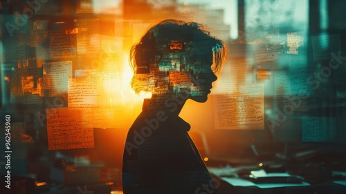 Silhouette of a Woman in a Modern Office with Floating Notes and Warm Sunset Light