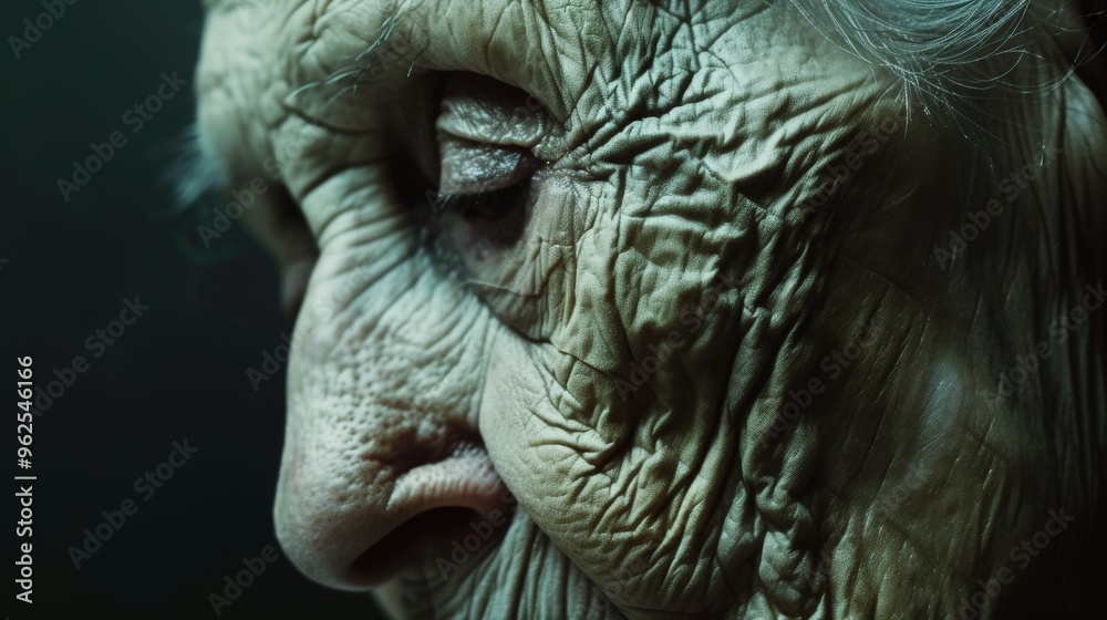 Intimate close-up profile of an elderly woman's wrinkled face, emphasizing the details and textures of aging skin. The soft, moody lighting enhances the profound sense of life experience and wisdom. Intimate close-up profile of an elderly woman's wrinkled face, emphasizing the details and textures of aging skin. The soft, moody lighting enhances the profound sense of life experience and wisdom.