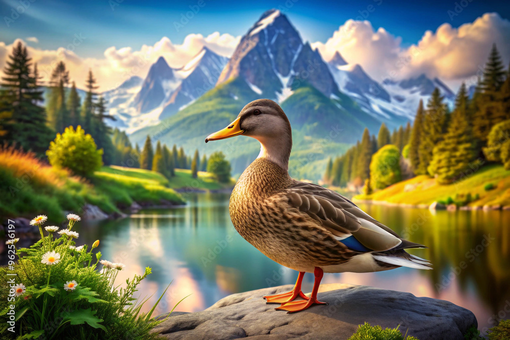 A Duck Perched on a Rock by a Mountain Lake