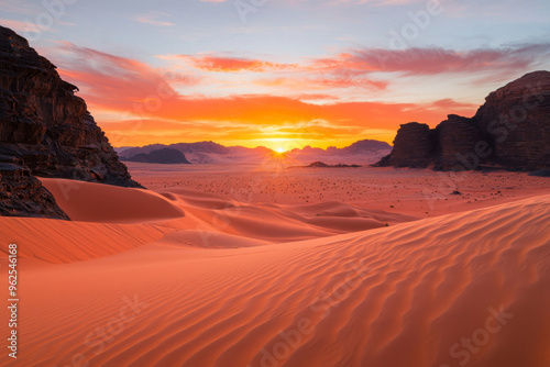 A stunning desert landscape at sunset, showcasing vibrant colors and undulating sand dunes under a dramatic sky.