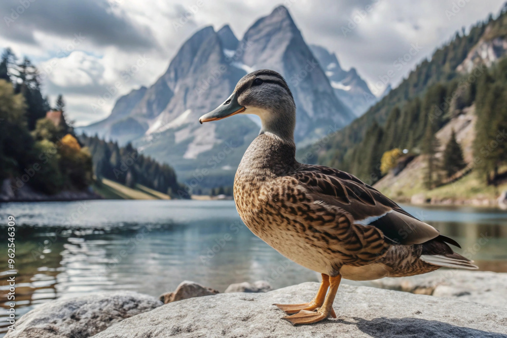 Duck Standing on a Rock by a Mountain Lake Duck Standing on a Rock by a Mountain Lake