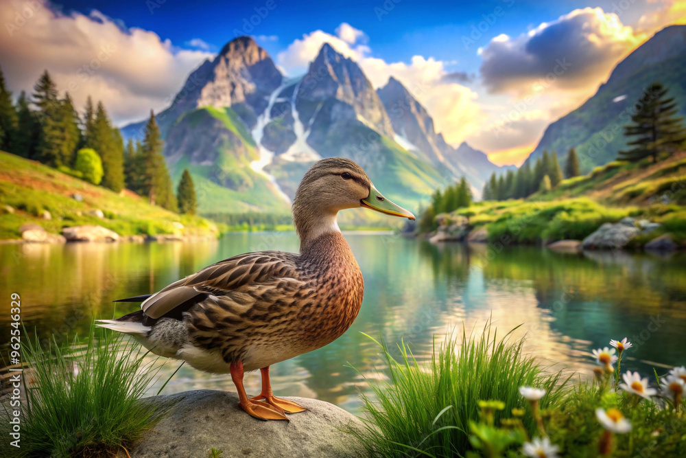 Duck by Mountain Lake with a View of Majestic Peaks Duck by Mountain Lake with a View of Majestic Peaks