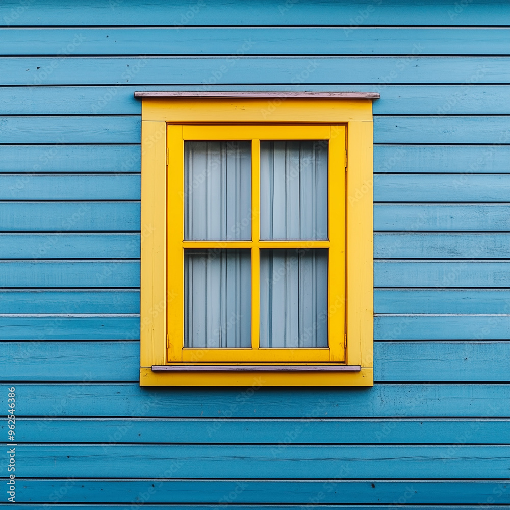 Front view of a yellow window on a blue wooden house wall. Front view of a yellow window on a blue wooden house wall.