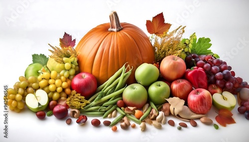 Autumn Seasonal Vegan Produce Arrangement - composition of seasonal fruits and vegetables, such as pumpkins, apples, grapes, green beans, and radishes. Graphic art illustration. Ai Generated