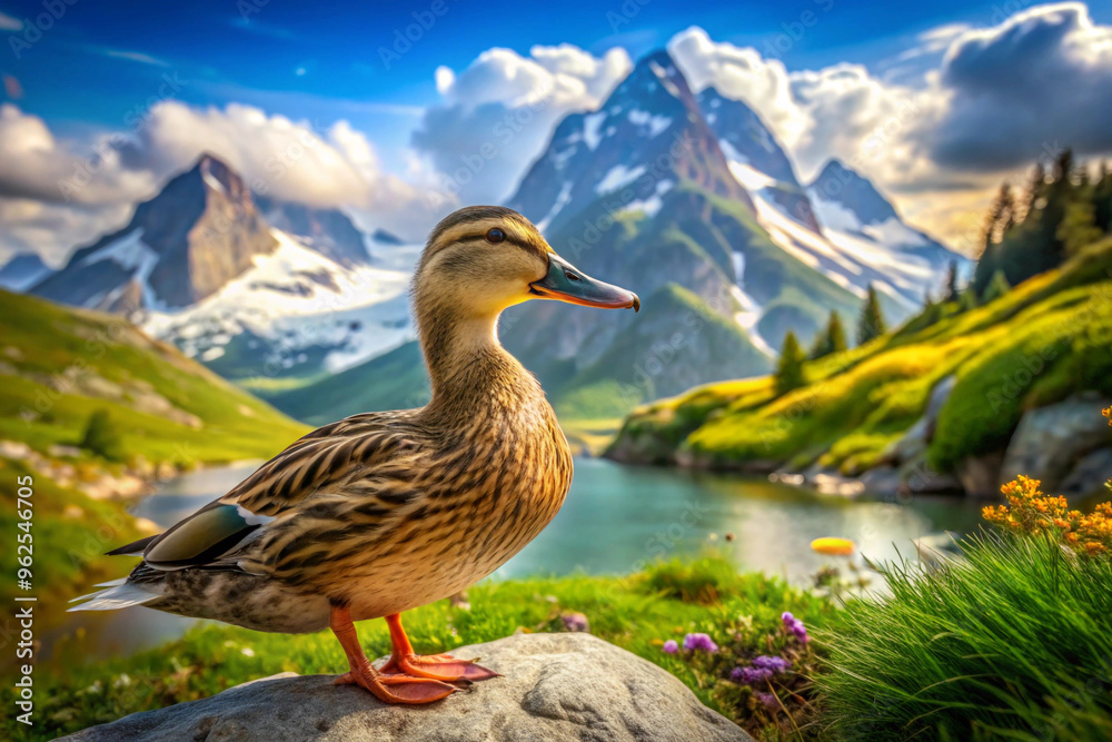 Duck on a Rock in Front of a Mountainous Landscape Duck on a Rock in Front of a Mountainous Landscape