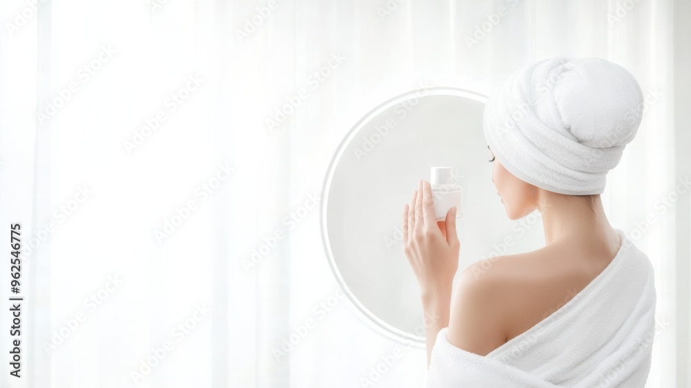 A serene moment of self-care, featuring a woman with a towel, applying lotion in front of a mirror by soft, natural light. A serene moment of self-care, featuring a woman with a towel, applying lotion in front of a mirror by soft, natural light.