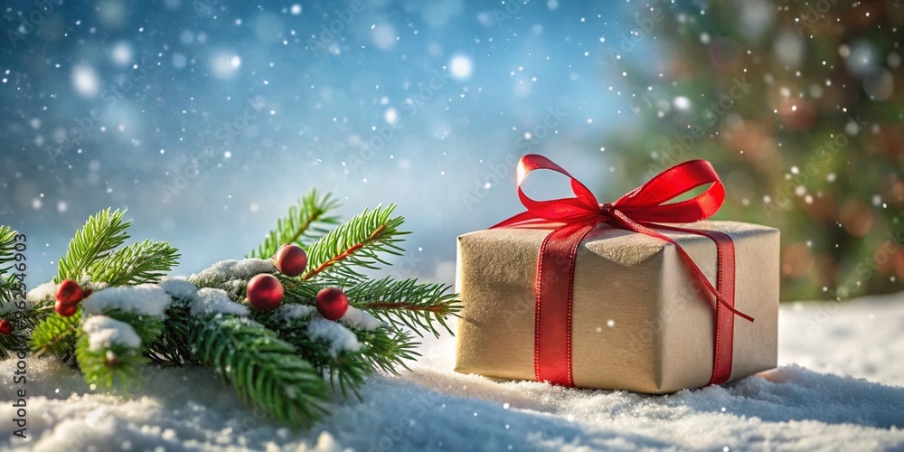 A beautifully wrapped gift box with a red ribbon sits on snow, surrounded by evergreen branches and a winter scene. A beautifully wrapped gift box with a red ribbon sits on snow, surrounded by evergreen branches and a winter scene.