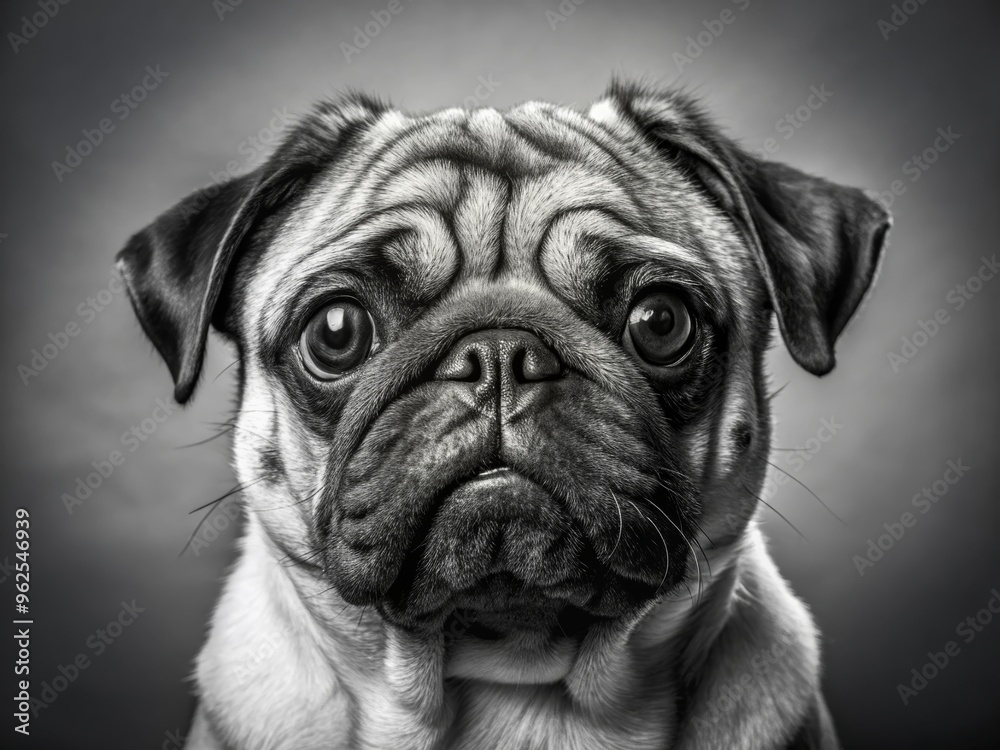 A captivating black and white portrait of a pug, showcasing its expressive eyes and distinct wrinkled face. A captivating black and white portrait of a pug, showcasing its expressive eyes and distinct wrinkled face.