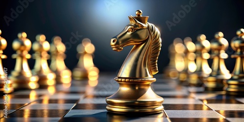 Gleaming golden knight advancing fearlessly on chess battlefield for strategic growth , leadership, strategy photo