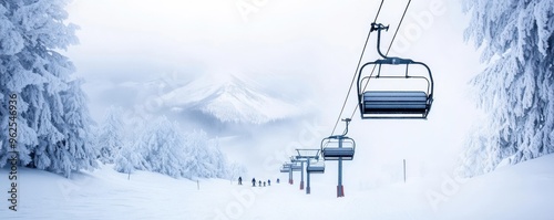 A serene winter landscape featuring a chairlift in a snowy mountain environment under a clear blue sky.
