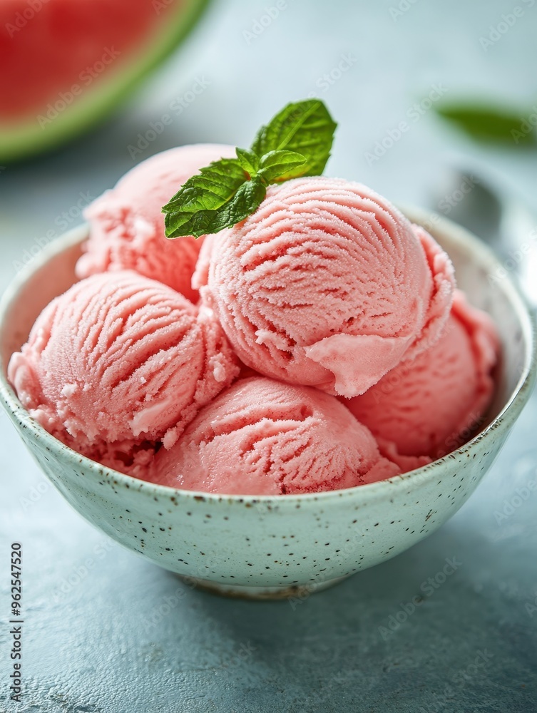 Delicious Watermelon Sorbet in a Ceramic Bowl with Fresh Mint Leaves on a Light Blue Background Delicious Watermelon Sorbet in a Ceramic Bowl with Fresh Mint Leaves on a Light Blue Background