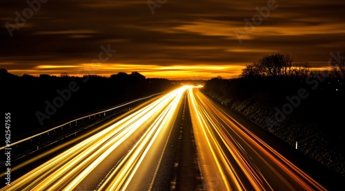 Night Highway with Golden Lights Streaks and Sky