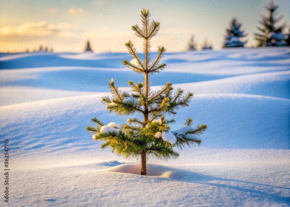 A solitary pine tree stands gracefully in a snow-covered landscape, illuminated by a warm winter sunset. A solitary pine tree stands gracefully in a snow-covered landscape, illuminated by a warm winter sunset.