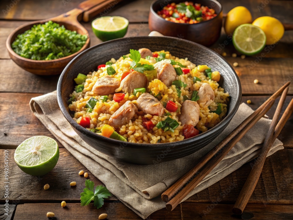 A vibrant bowl of flavorful rice dish topped with chicken and fresh vegetables, perfect for a healthy meal. A vibrant bowl of flavorful rice dish topped with chicken and fresh vegetables, perfect for a healthy meal.