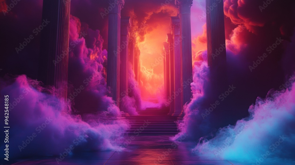 A Pathway of Light Through a Cloud-Filled Hallway of Ancient Columns A Pathway of Light Through a Cloud-Filled Hallway of Ancient Columns