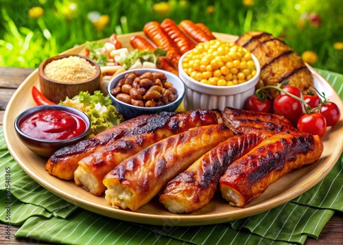 Delicious grilled sausages served with sides of corn, beans, salad, and sauces, perfect for a summer barbecue party.