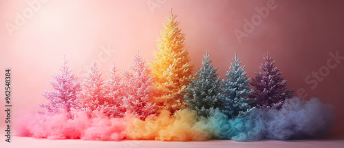 A vibrant row of pastel-colored Christmas trees set against a soft pink background, creating a whimsical and festive holiday display.