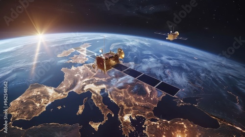 Wallpaper Mural Telecommunication satellite in low Earth orbit delivering global internet connectivity and high-speed data communication over Europe. Illustrating advanced worldwide data technology.

 Torontodigital.ca