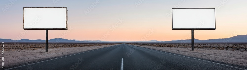 Naklejka premium An empty road flanked by two blank billboards, set against a serene landscape during sunset, inviting creativity and advertising potential.