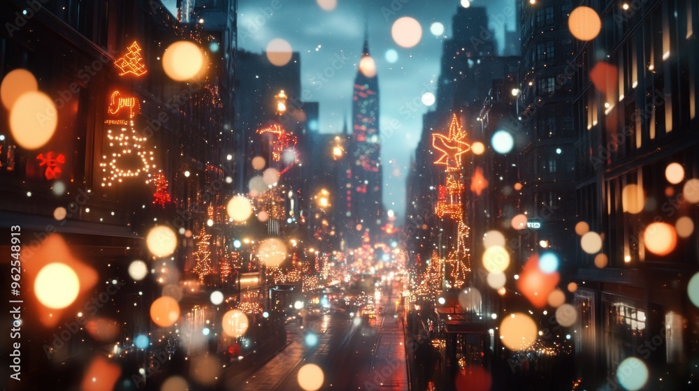 Fototapeta premium Festive City Street with Christmas Lights and Snow