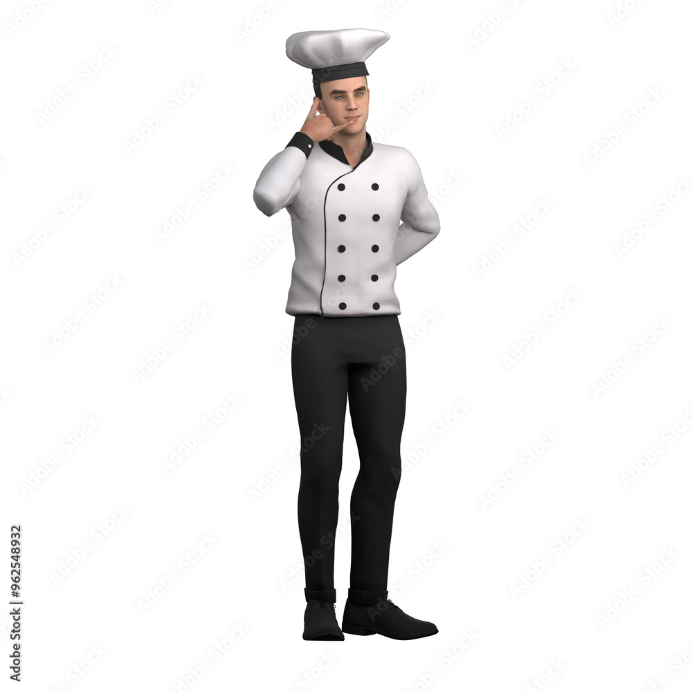 Professional Chef in 3D. A male chef stands with his thumb in his ear and his little finger in front of his mouth while his other hand is behind his body. Male Professional Chef in 3D. A male chef stands with his thumb in his ear and his little finger in front of his mouth while his other hand is behind his body. Male