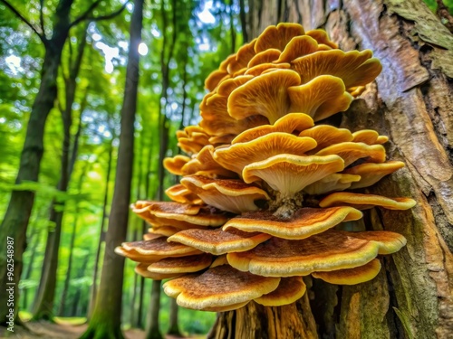 Vibrant mushroom cluster growing on a tree, showcasing intricate textures in a lush green forest setting. photo