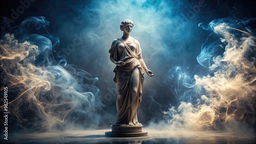 Ancient statue standing amidst a swirling whirlwind of smoke and light, ancient, statue, smoke, light, whirlwind