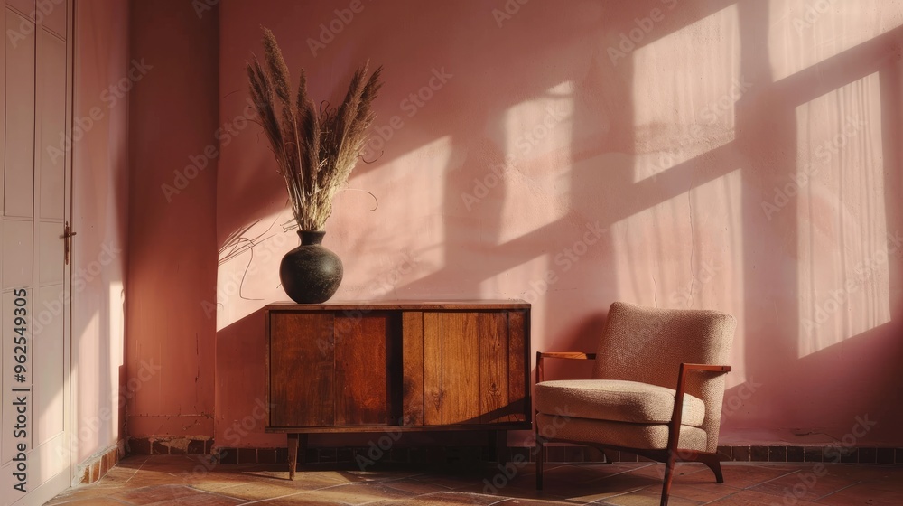 Armchair beside wooden cabinet with dark vase in large, pink living space Armchair beside wooden cabinet with dark vase in large, pink living space