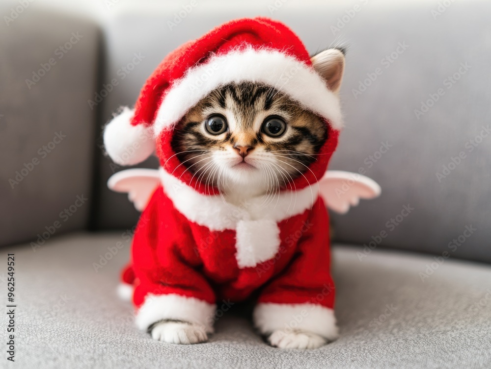 Fototapeta premium Cute kitten in a festive Santa outfit with angel wings, perfect for holiday celebrations and pet-themed decorations.