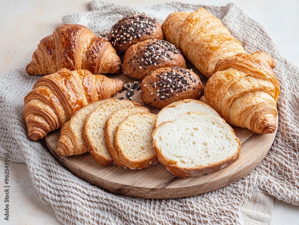 Delicious assortment of freshly baked breads and croissants arranged beautifully on a wooden plate. Delicious assortment of freshly baked breads and croissants arranged beautifully on a wooden plate.
