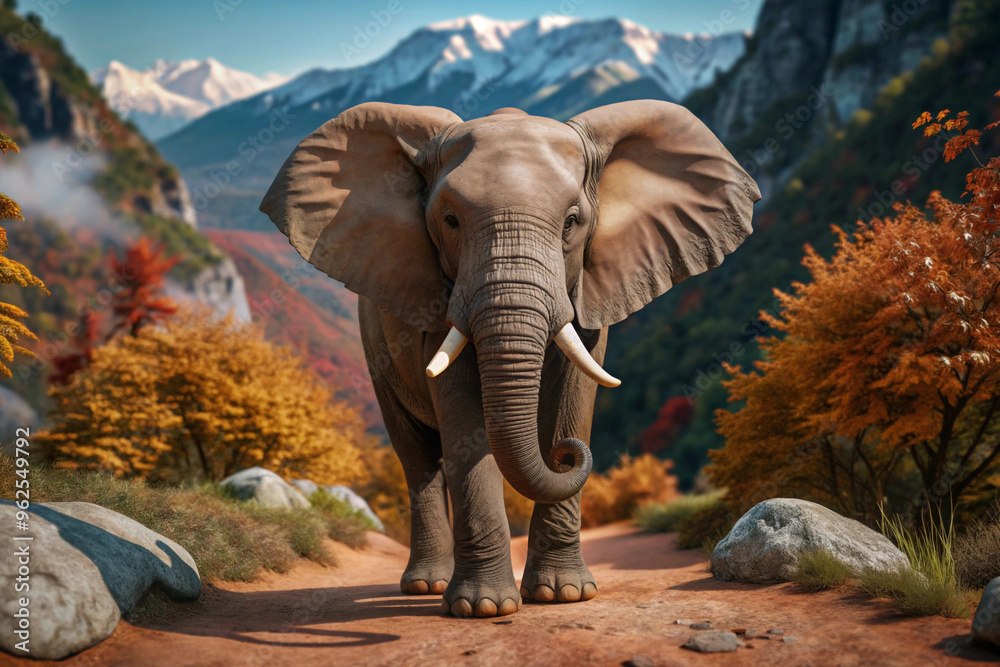 Fototapeta premium Majestic Elephant Walking on a Path Through Autumnal Mountains