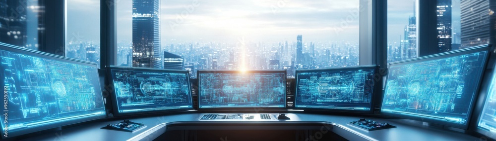 Futuristic control room with multiple screens displaying data and city skyline view, perfect for technology and innovation themes. Futuristic control room with multiple screens displaying data and city skyline view, perfect for technology and innovation themes.