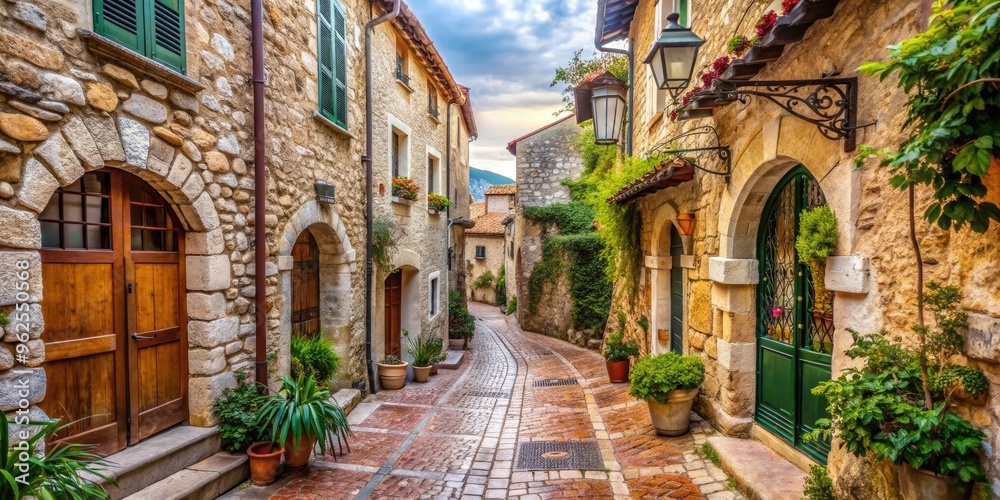Fototapeta premium Narrow cobblestone street lined with ancient buildings in Eze village, French Riviera, Eze, village, French Riviera, old