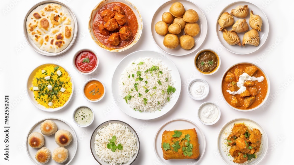 Top view of a collection of Indian dishes on a white background, featuring momos, butter chicken curry with rice, samosas, and pani puri.
Top view of a collection of Indian dishes on a white background, featuring momos, butter chicken curry with rice, samosas, and pani puri.