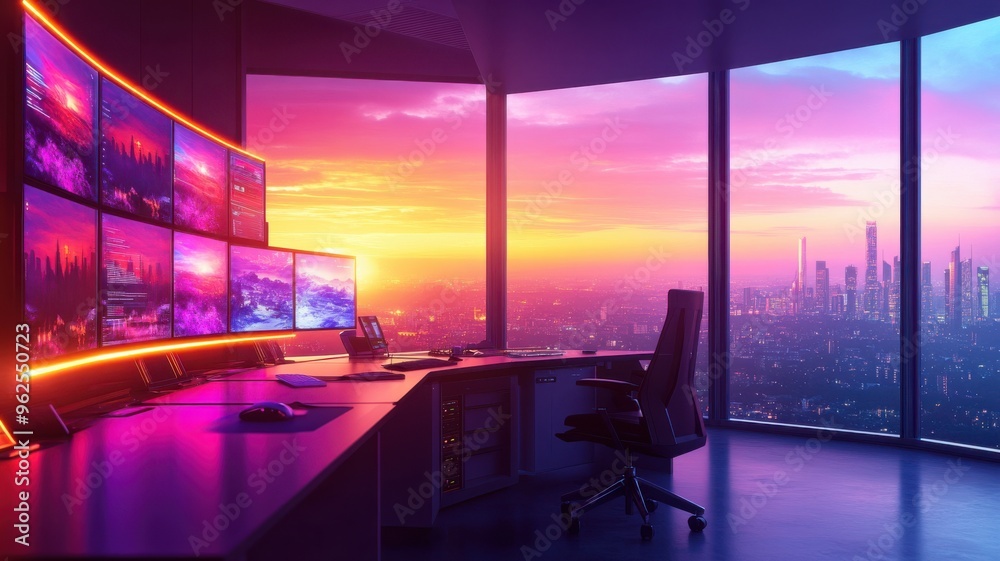Fototapeta premium Modern office with multiple screens overlooking a vibrant sunset skyline, creating a high-tech and inspiring work environment.
