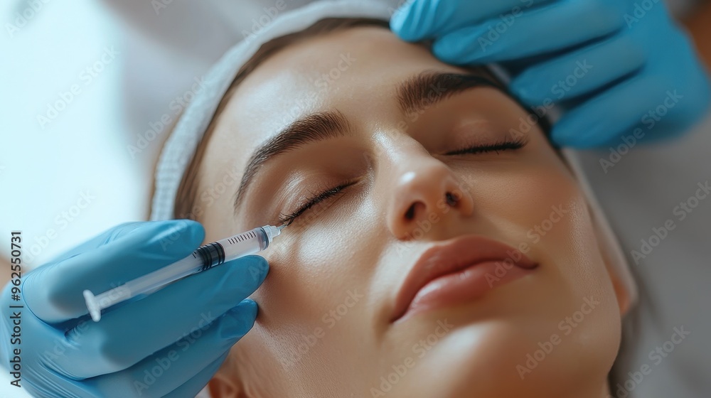 A woman is getting a facial treatment with a syringe A woman is getting a facial treatment with a syringe