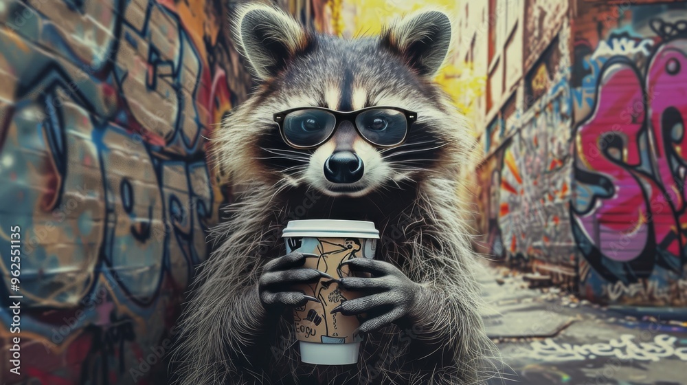 A stylish raccoon with glasses and a coffee cup stands confidently in a ...