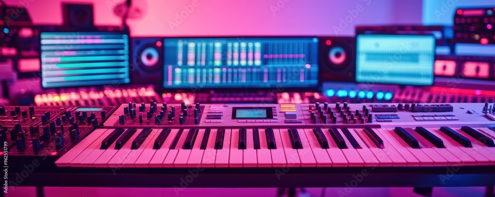 Vibrant music studio featuring electronic keyboard and LED screens, perfect for musicians and producers creating modern sounds. Vibrant music studio featuring electronic keyboard and LED screens, perfect for musicians and producers creating modern sounds.