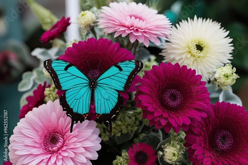 Decorative Flora with Striking Butterfly in Magenta and Teal