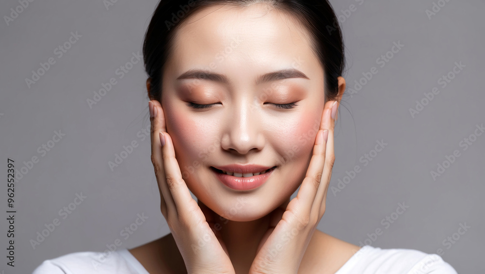 Beautiful young Asian woman, her skin is clean and healthy, her eyes are closed with a smile and her hands are supporting her face Beautiful young Asian woman, her skin is clean and healthy, her eyes are closed with a smile and her hands are supporting her face