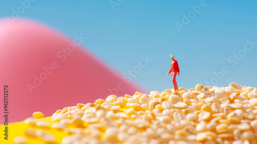 3D miniature photography of small person and cereals grains oats carbohydrates mountains with vibrant colors happy bright fashion blue background creative organic healthy food poster photo