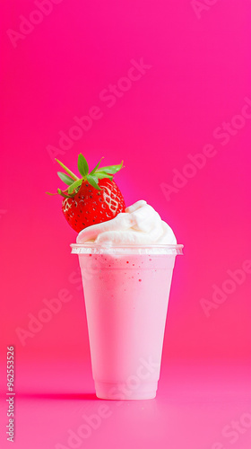 3D miniature photography of strawberry smoothie juice with vibrant colors happy bright fashion pink background creative healthy drink poster