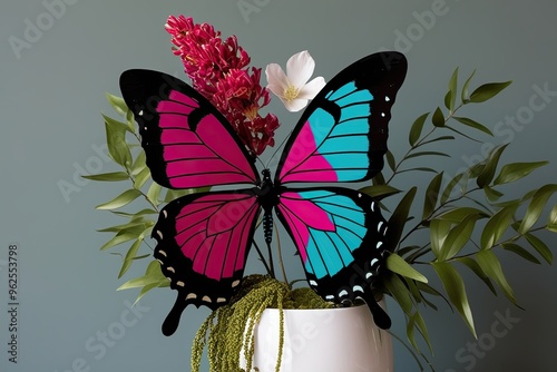 Vibrant Floral Design with Colorful Butterfly in Magenta and Teal