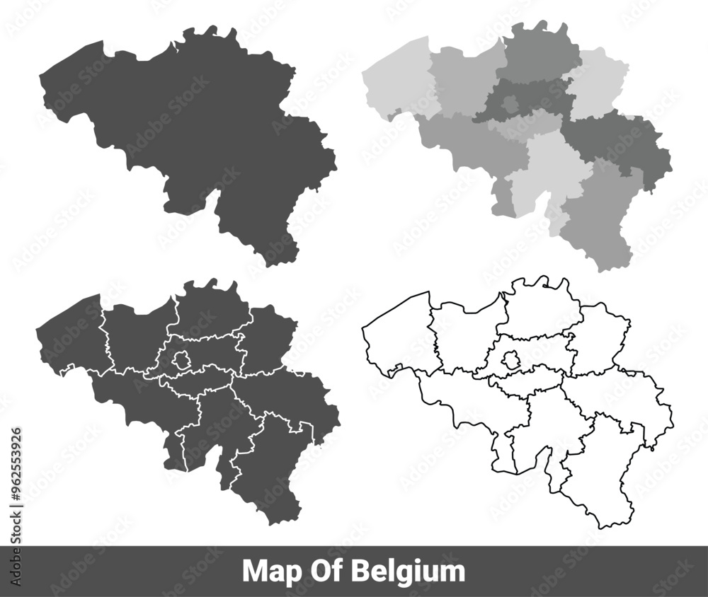 Collection of Belgium country grey political maps set with border outline vector illustration Collection of Belgium country grey political maps set with border outline vector illustration
