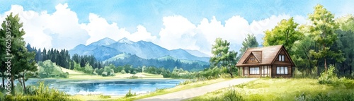 A scenic landscape featuring a tranquil lake, lush mountains, and a charming cabin surrounded by trees under a clear blue sky.