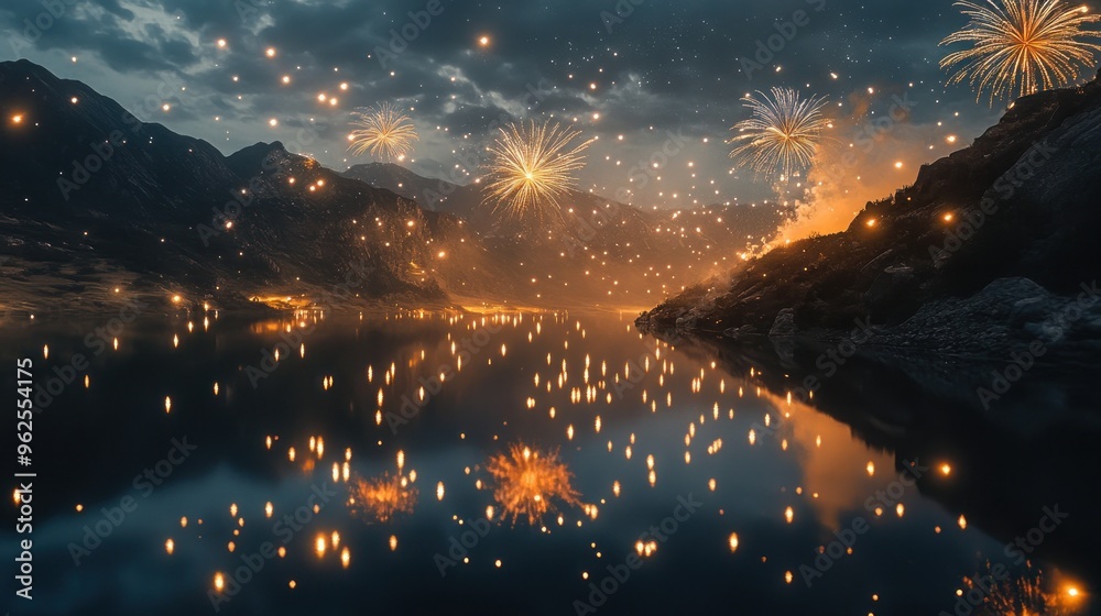 Fireworks Over a Still Lake and Mountains at Night Fireworks Over a Still Lake and Mountains at Night